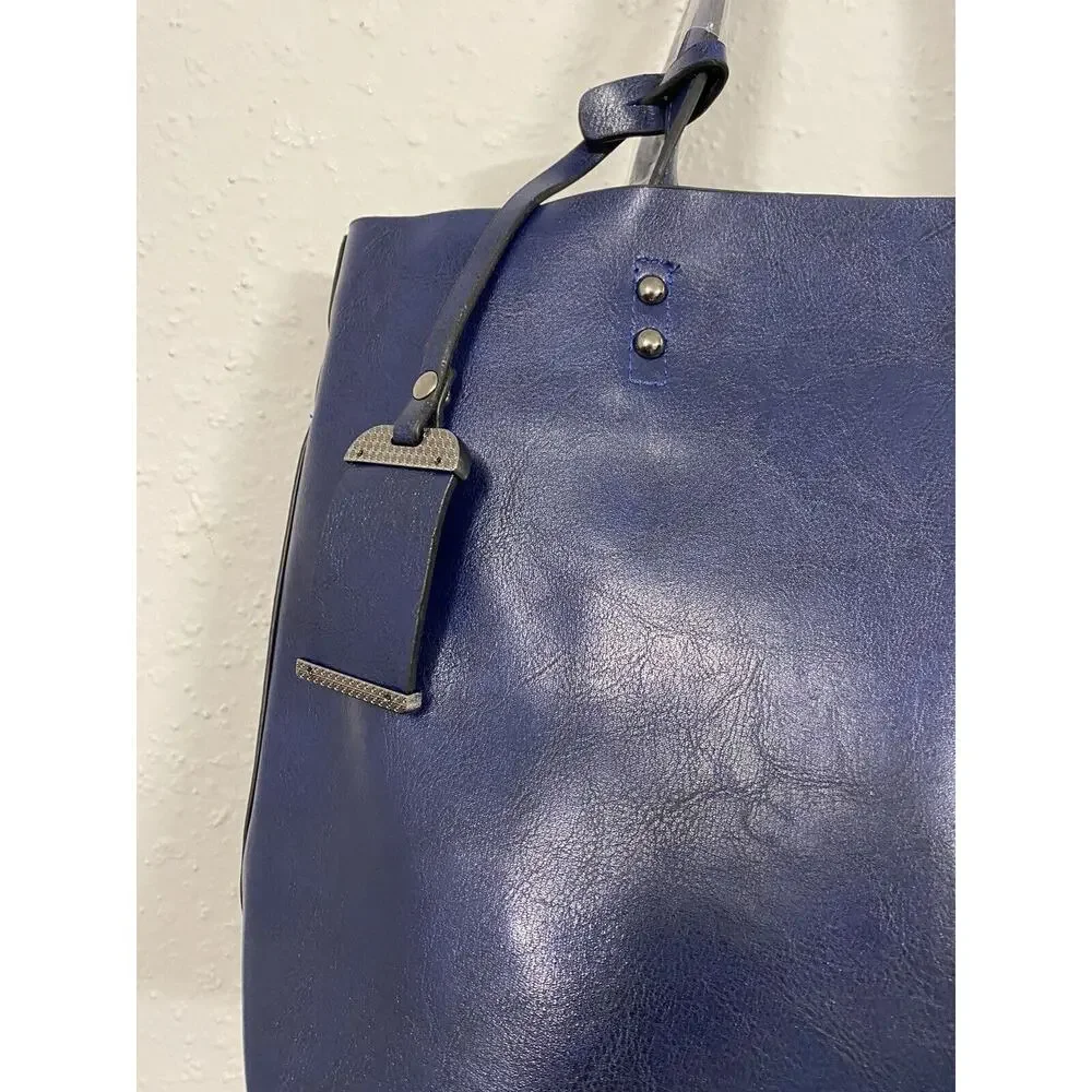 Y2K Womens Blue Colored Tote Handbag Convertible Crossbody Silver Faux Leather